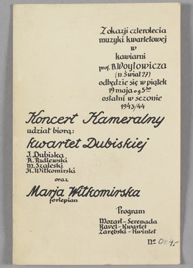 Program koncertu kameralnego z okazji czterolecia muzyki kwartetowej w kawiarni profesora Bolesława Woytowicza w Warszawie (ulica Nowy Świat) w okresie okupacji