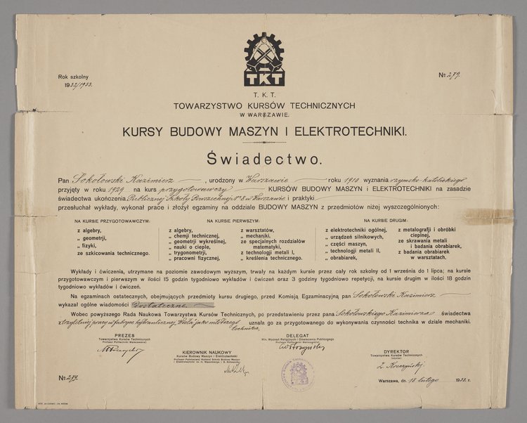 Świadectwo wystawione Kazimierzowi Sokołowskiemu