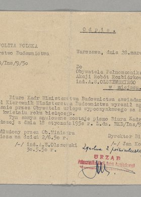 Odpis pisma skierowanego do Antoniego Olszewskiego z informacją o przyznaniu mu urlopu wypoczynkowego