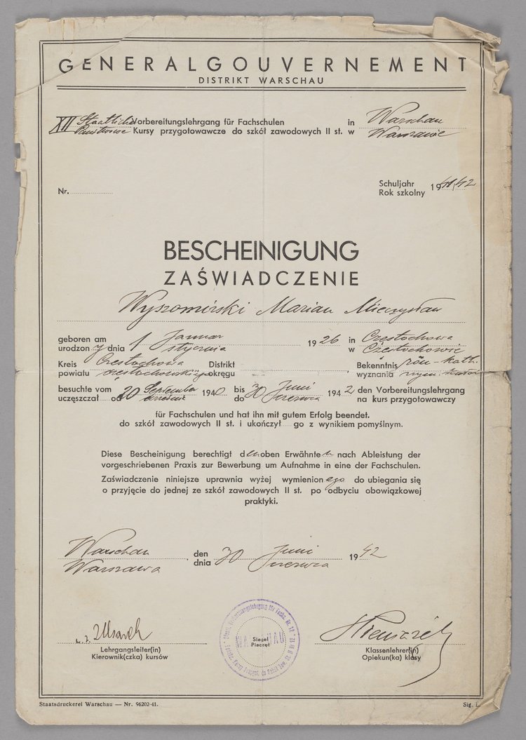 Zaświadczenie dla Mariana Wyszomirskiego