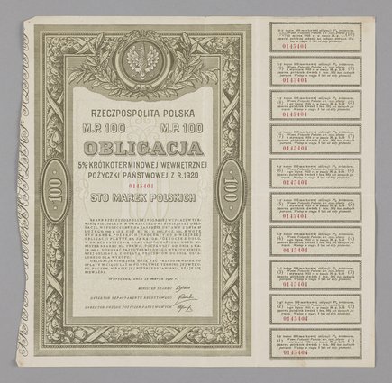 Obligacja 5% Krótkoterminowej Wewnętrznej Pożyczki Państwowej z r. 1920