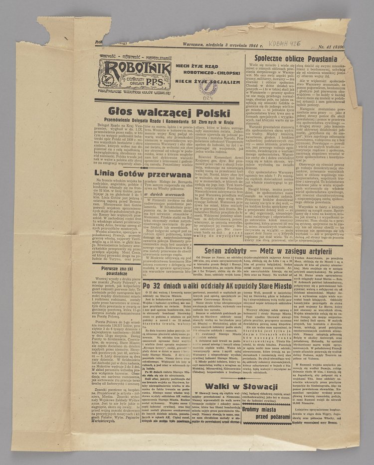 Gazeta p.t. "Robotnik. Centralny Organ P.P.S.", nr 41 (8100) z 3 września 1944 r.