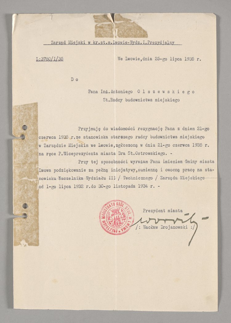 Pismo skierowane do Antoniego Olszewskiego