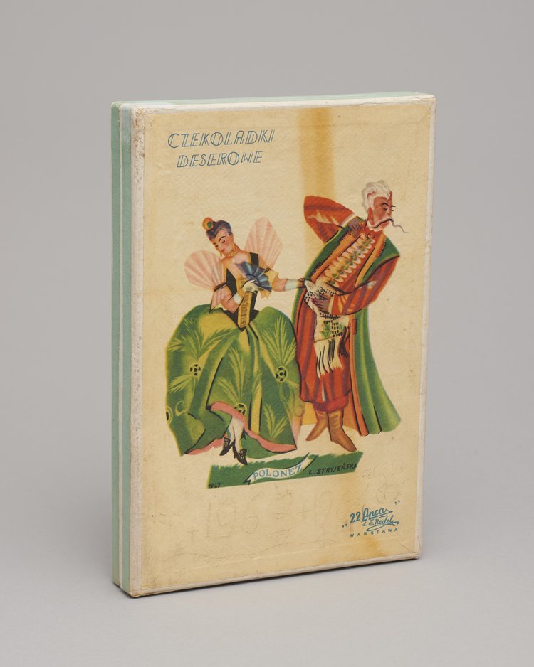 Pudełko po czekoladkach deserowych z ilustracją Polonez z serii Tańce Polskie Zofii Stryjeńskiej