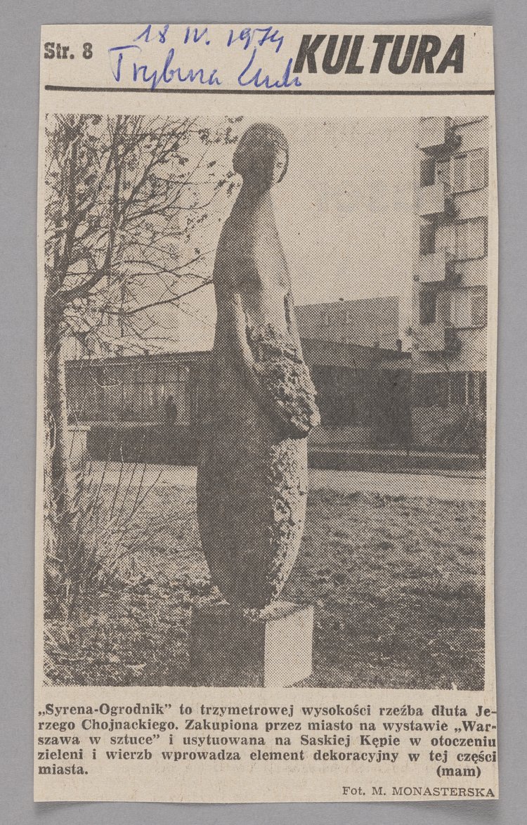 Wycinek z gazety p.t. "Trybuna Ludu" z 18 kwietnia 1974 r. z serii "Kultura" z artykułem o rzeźbie Jerzego Chojnackiego "Syrena - Ogrodnik"
