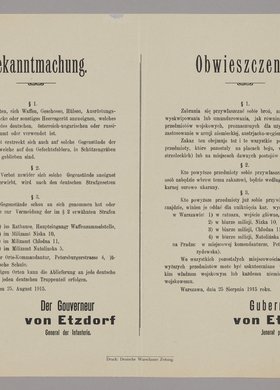 Bekanntmachung / Obwieszczenie o zakazie przywłaszczania sobie broni, gilz, nabojów i części umundurowania należących do armii