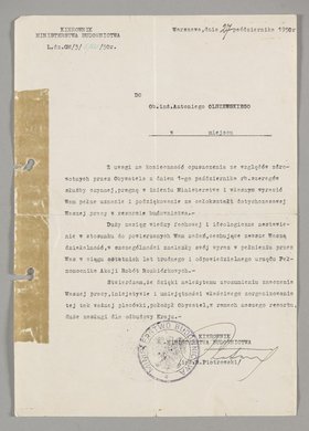 Pismo skierowane do Antoniego Olszewskiego z podziękowaniem za całokształt jego pracy