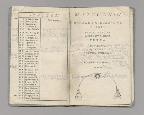Kalendarz kieszonkowy na 1924 rok oraz kartka z widokiem Domu Towarowego Bracia Jałkowscy