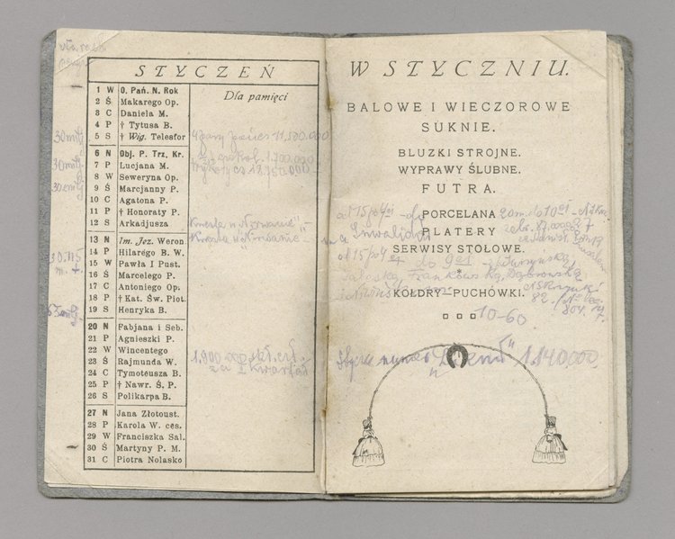 Kalendarz kieszonkowy na 1924 rok oraz kartka z widokiem Domu Towarowego Bracia Jałkowscy