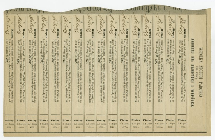 Akcja sto rublowa Spółki Żeglugi Parowej na Rzekach Spławnych w Królestwie Polskim pod firmą Andrzeja hr. Zamoyskiego i Spółka wraz z arkuszem kuponowym