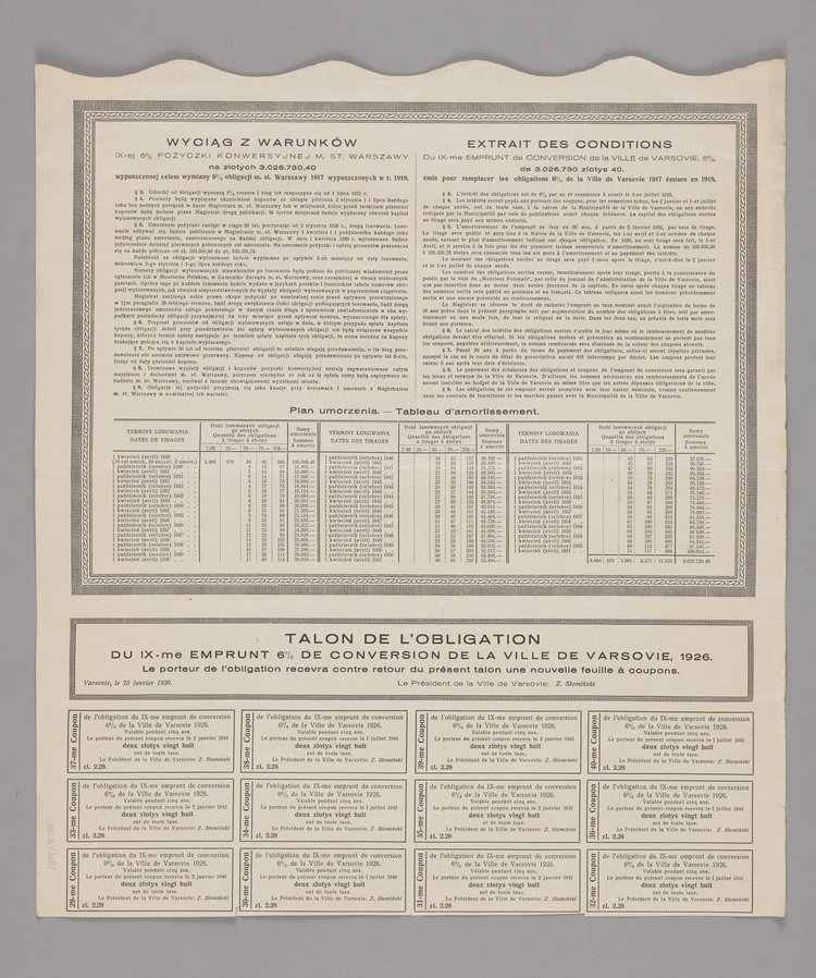 Obligacja IX-ej 6% Pożyczki Konwersyjnej m.st. Warszawy o wartości 76 złotych