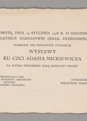 Zaproszenie na otwarcie wystawy ku czci Adama Mickiewicza