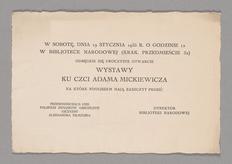 Zaproszenie na otwarcie wystawy ku czci Adama Mickiewicza