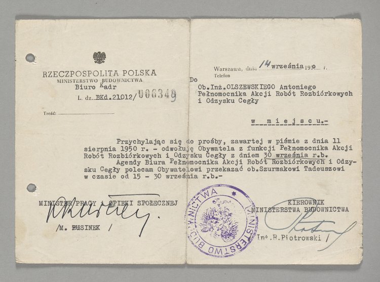 Pismo skierowane do Antoniego Olszewskiego ze zgodą na odwołanie go ze stanowiska i przekazanie obowiązków