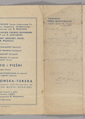 Program muzyczny na listopad 1942 r. w Kawiarni profesora Bolesława Woytowicza w Warszawie (na Nowym Świecie 27)