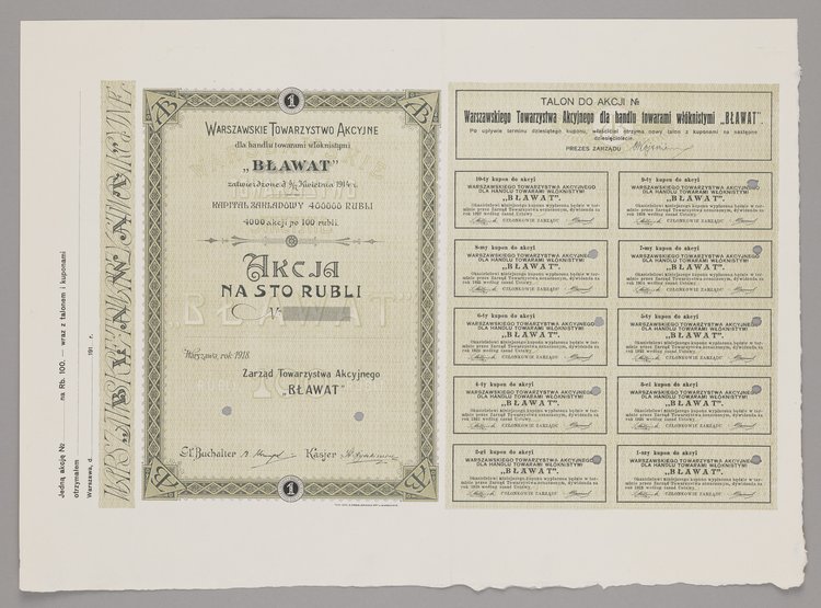 Akcja na 100 rubli Warszawskiego Towarzystwa "Bławat" wraz z kuponem i talonami