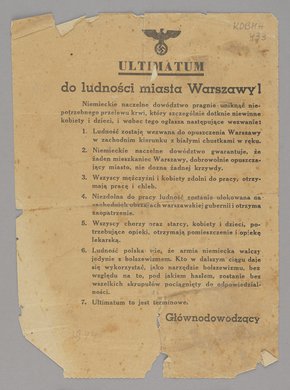 Ultimatum do ludności miasta Warszawy wystosowane w sierpniu 1944 r. przez Głównodowodzącego [Ericha von dem Bacha - Zalewskiego]