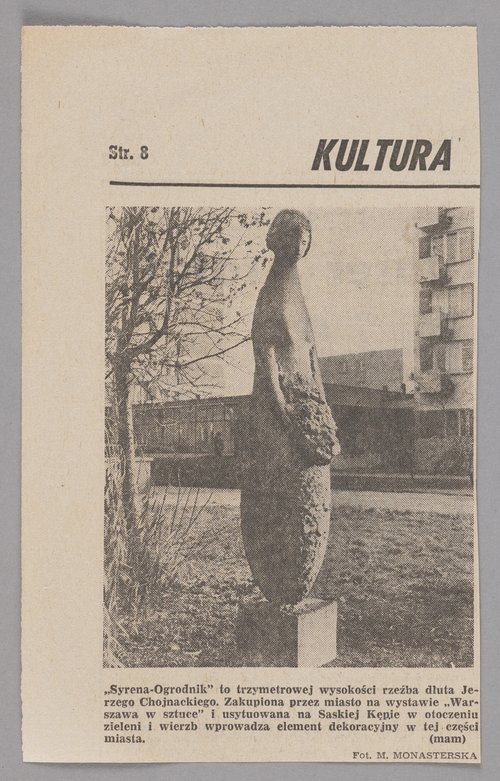 Wycinek z czasopisma p.t. "Kultura" z artykułem na temat rzeźby Jerzego Chojnackiego nazwanej "Syrena - Ogrodnik"