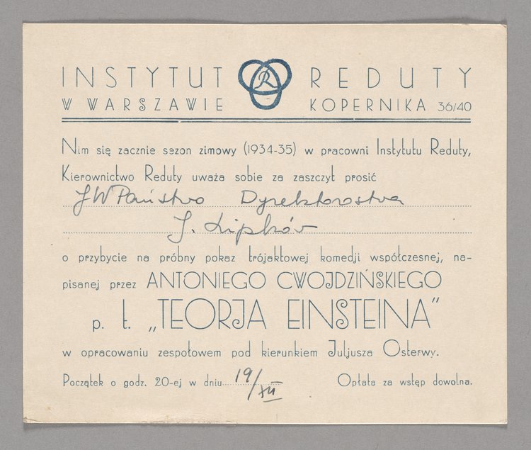 Zaproszenie na komedię Antoniego Owojdzińskiego p.t. "Teoria Einsteina"