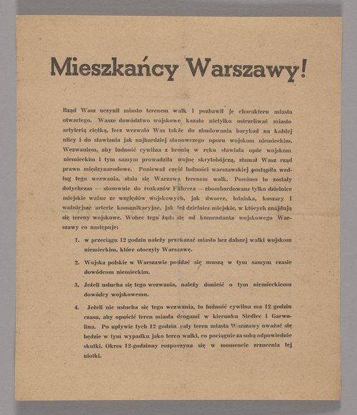 Ulotka niemiecka skierowana do żołnierzy i ludności Warszawy w czasie Kampanii Wrześniowej, w której wzywano do złożenia broni, inaczej miasto będzie narażone na zniszczenie