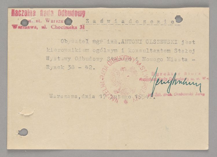 Zaświadczenie wystawione Antoniemu Olszewskiemu