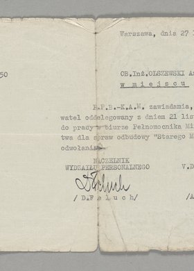 Pismo skierowane do Antoniego Olszewskiego z informacją o oddelegowaniu go innej pracy