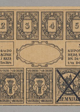 Bon zaopatrzeniowy z okresu I Wojny Światowej wydany przez Magistrat Miasta stołecznego Warszawy na chleb i cukier (talon na ziemniaki skasowany)