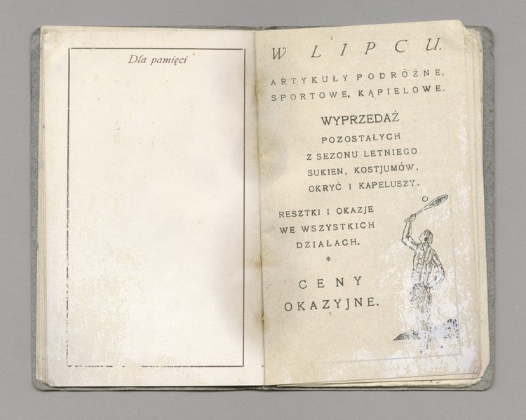 Kalendarz kieszonkowy na 1924 rok oraz kartka z widokiem Domu Towarowego Bracia Jałkowscy