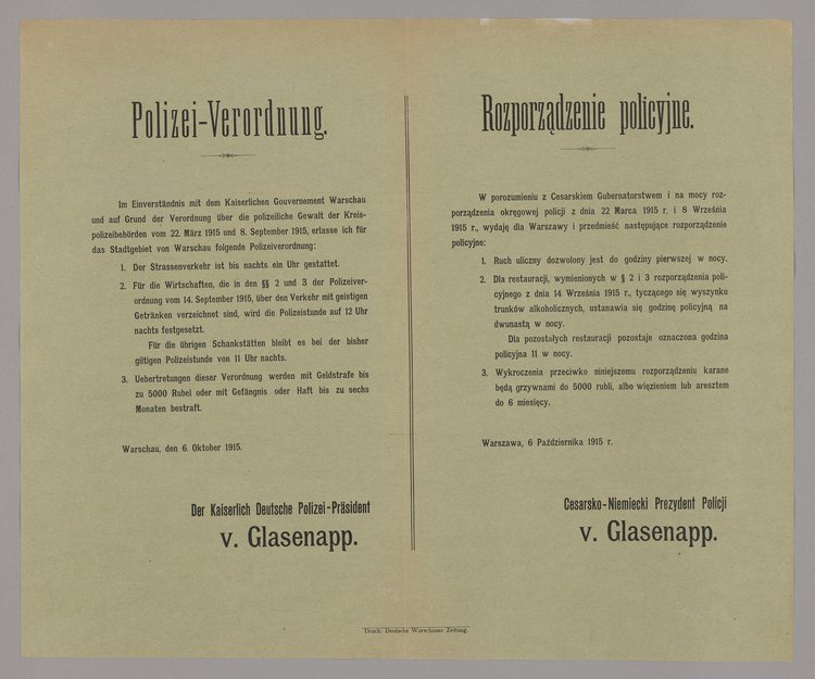 Polizeiverordnung / Rozporządzenie policyjne o ustanowieniu godziny policyjnej oraz godzin zamykania lokali z wyszynkiem