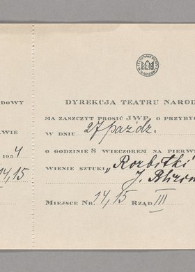 Zaproszenie/bilet wstępu do Teatru Narodowego [w Warszawie] na spektakl "Rozbitki" Jana Blizińskiego