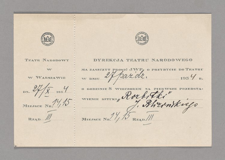 Zaproszenie/bilet wstępu do Teatru Narodowego [w Warszawie] na spektakl "Rozbitki" Jana Blizińskiego