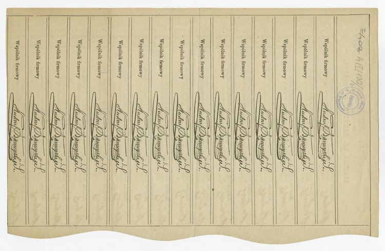 Akcja sto rublowa Spółki Żeglugi Parowej na Rzekach Spławnych w Królestwie Polskim pod firmą Andrzeja hr. Zamoyskiego i Spółka wraz z arkuszem kuponowym