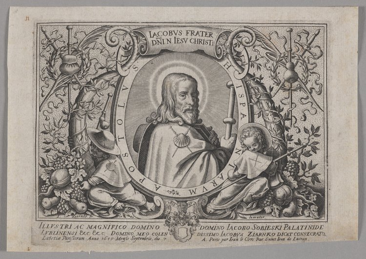 Karta tytułowa: Jacobus Frater Domini Nostri Jesu Christi, dedykowana Jakubowi Sobieskiemu (1590-1646), do serii rycin La Vie de Saint Jacques