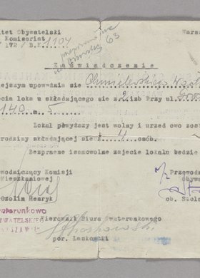Zaświadczenie upoważniające Wacława Chmielewskiego do zajęcia lokalu przy ul. Grochowskiej 140 m. 5 w Warszawie