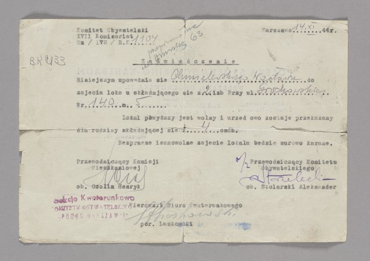 Zaświadczenie upoważniające Wacława Chmielewskiego do zajęcia lokalu przy ul. Grochowskiej 140 m. 5 w Warszawie