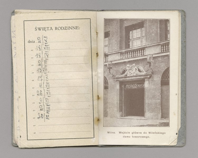 Kalendarz kieszonkowy na 1924 rok oraz kartka z widokiem Domu Towarowego Bracia Jałkowscy