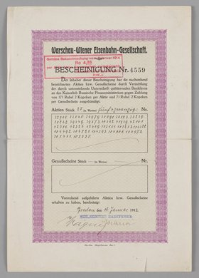 Bescheinigung/Zaświadczenie Towarzystwa Drogi Żelaznej Warszawsko-Wiedeńskiej