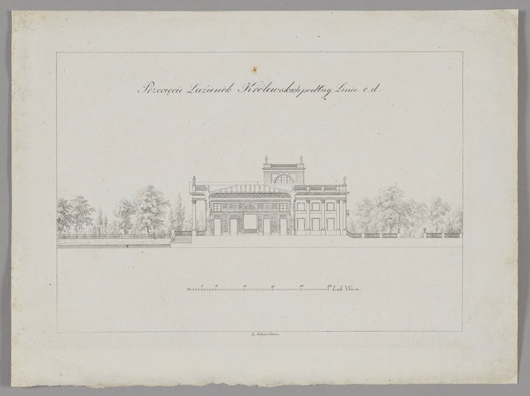 Przecięcie Łazienek Królewskich podług linie c.d. (Przekrój Pałacu na Wyspie)