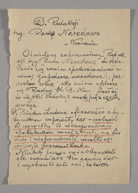 Pismo Tadeusza Cieślewskiego ojca wysłane do redakcji Tygodnika Rady Narodowej w Warszawie