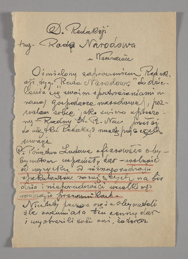 Pismo Tadeusza Cieślewskiego ojca wysłane do redakcji Tygodnika Rady Narodowej w Warszawie