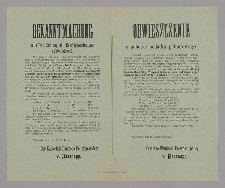 Bekanntmachung / Obwieszczenie o poborze podatku patentowego
