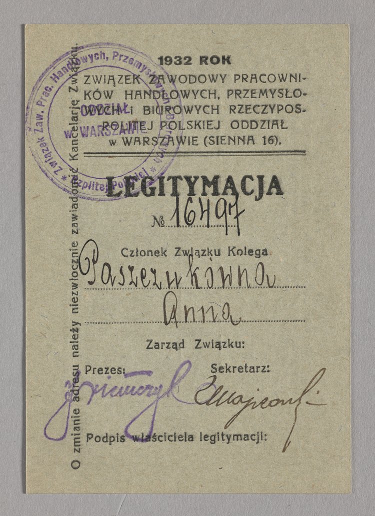 Legitymacja członkowska Anny Paszczukówny