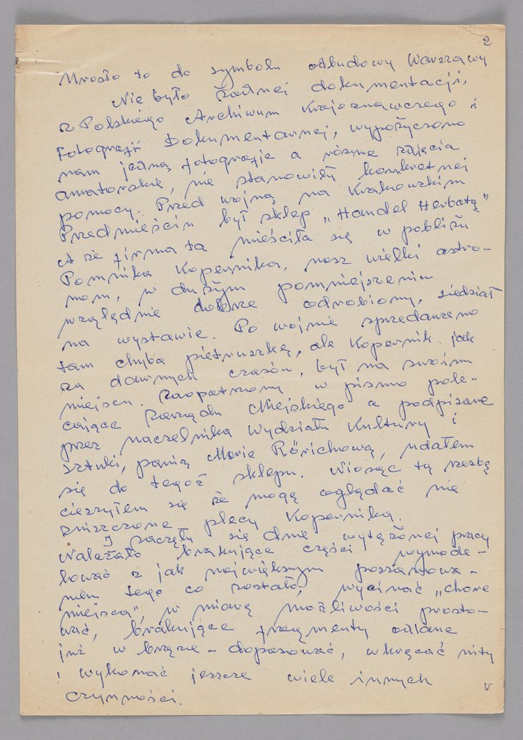 Relacja Jerzego Chojnackiego opisująca czynności remontowe przy pomniku Mikołaja Kopernika w Warszawie