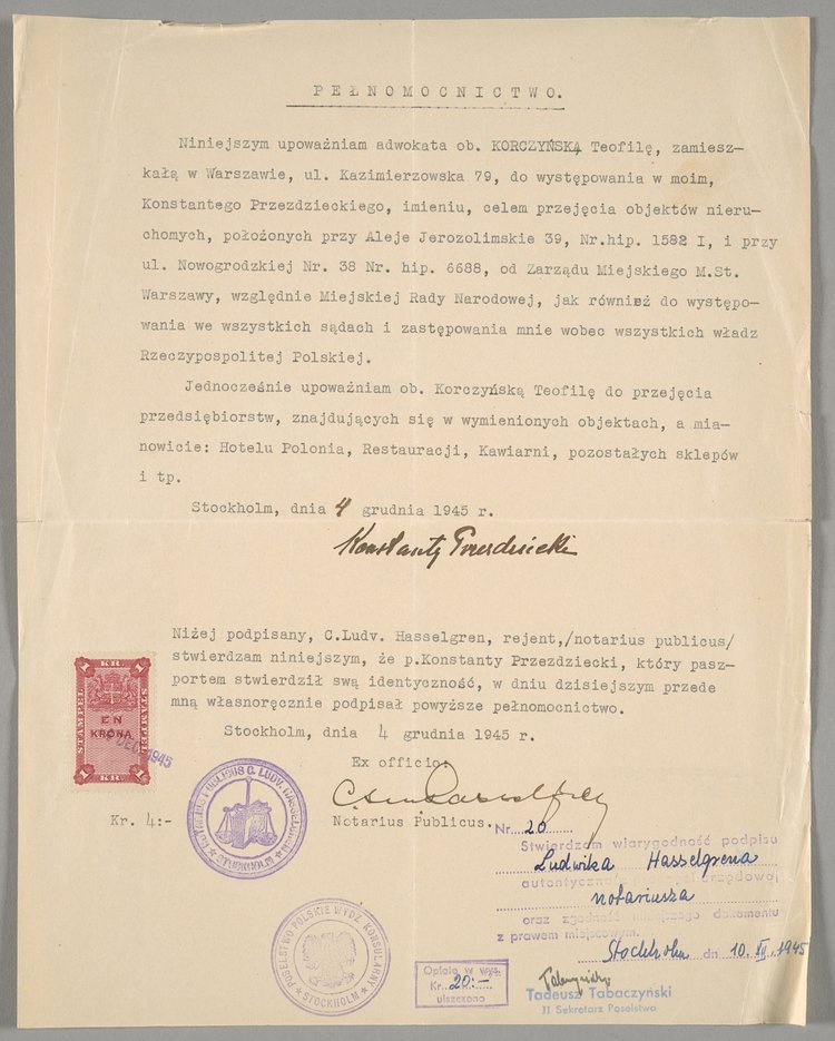 Pełnomocnictwo wydane przez Konstantego hrabiego Przeździeckiego dla adwokat Teofilii Korczyńskiej