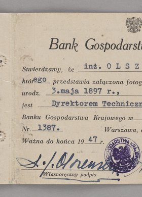 Legitymacja wystawiona inżynierowi Antoniemu Olszewskiemu