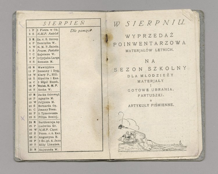 Kalendarz kieszonkowy na 1924 rok oraz kartka z widokiem Domu Towarowego Bracia Jałkowscy