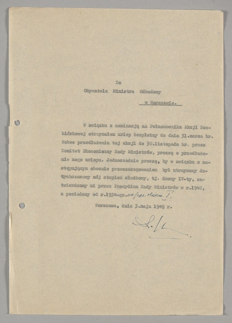 Pismo wysłane przez Antoniego Olszewskiego do Ministra Odbudowy z prośbą o przedłużenie mu urlopu bezpłatnego