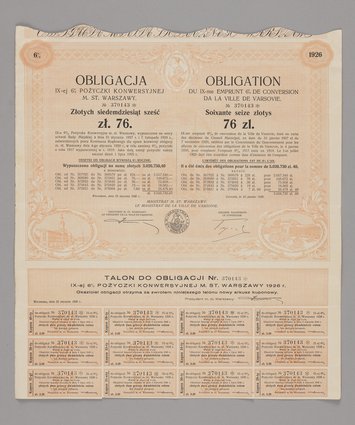 Obligacja IX-ej 6% Pożyczki Konwersyjnej m.st. Warszawy o wartości 76 złotych