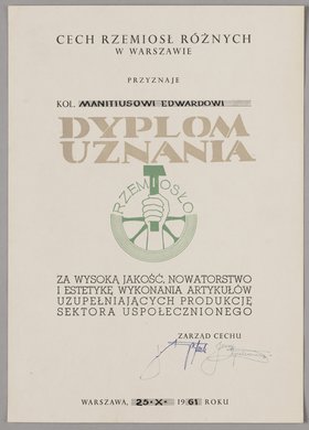 Dyplom uznania przyznany Edwardowi Manitiusowi
