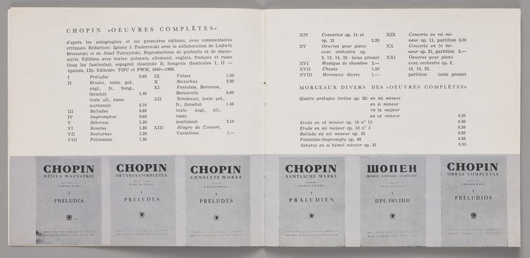 Broszura p.t. 'Oeuvres de Chopin et Publications sur Chopin' (Kraków, 1960) z wkładką służącą do zamawiania dzieł Fryderyka Chopina